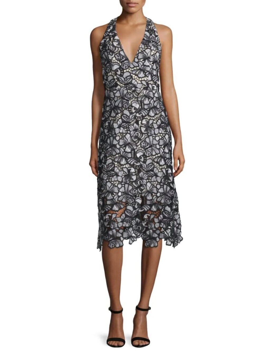 ALICE + OLIVIA Noreen Butterfly Guipere Lace V-Neck Halter Midi Dress, Size 0
